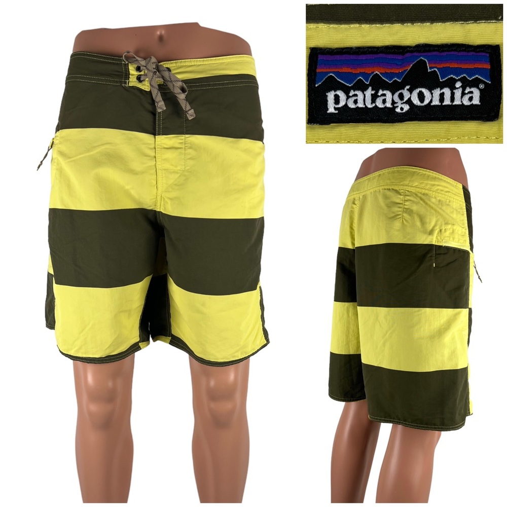 Patagonia Mens 38 Board Shirts Yellow Green Nylon Embroidered Striped EUC